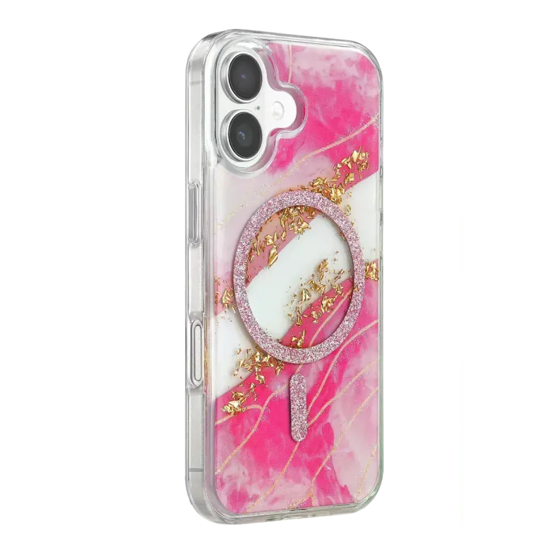 Onegif Apple İphone 16 Lotus Simli Magsafe Kapak - Pembe