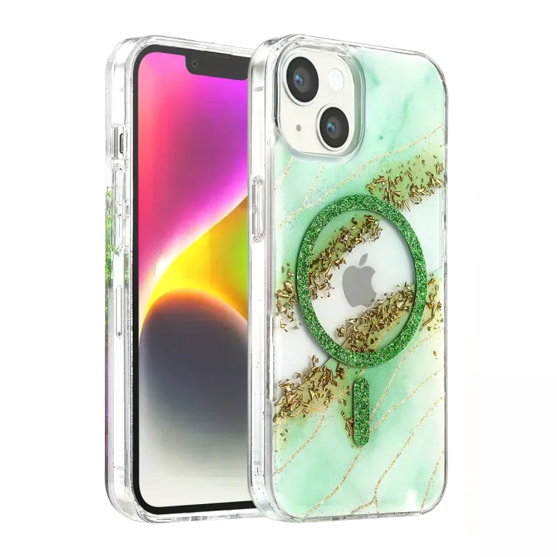 Onegif İphone 15 Lotus Simli Magsafe Kapak - Yeşil