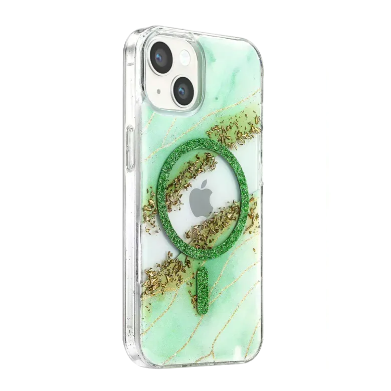 Onegif İphone 15 Lotus Simli Magsafe Kapak - Yeşil