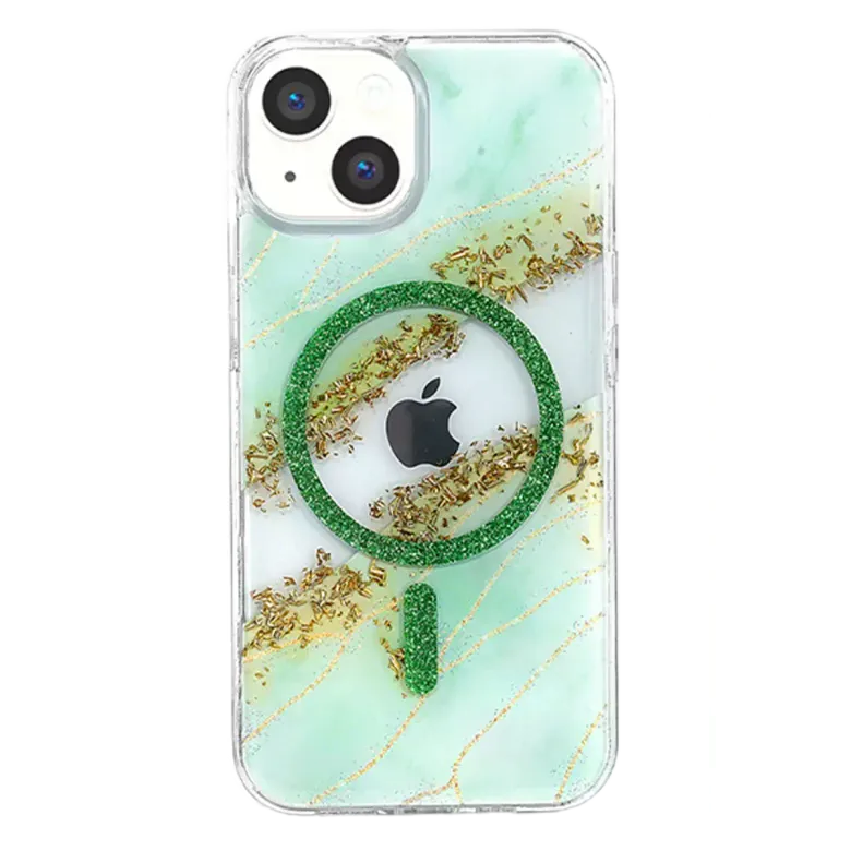 Onegif İphone 15 Lotus Simli Magsafe Kapak - Yeşil