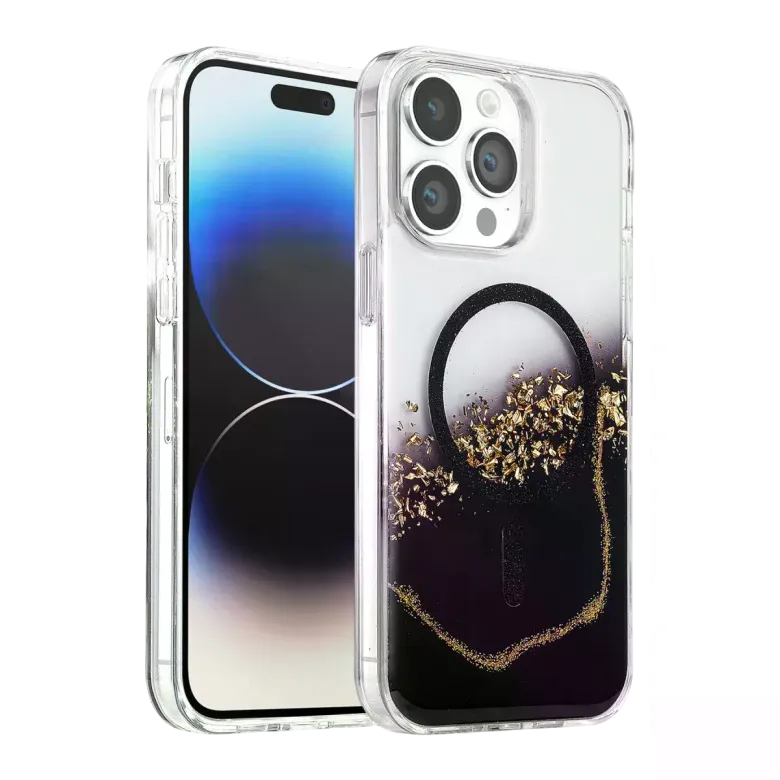 Onegif İphone 15 Pro Max Lotus Simli Magsafe Kapak - Siyah