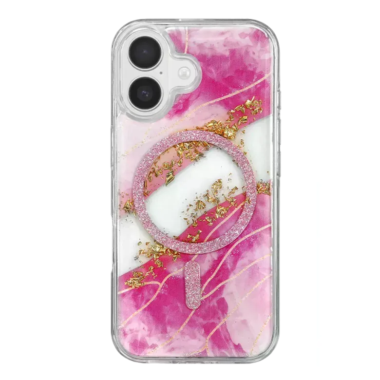 Onegif İphone 16 Lotus Simli Magsafe Kapak - Pembe