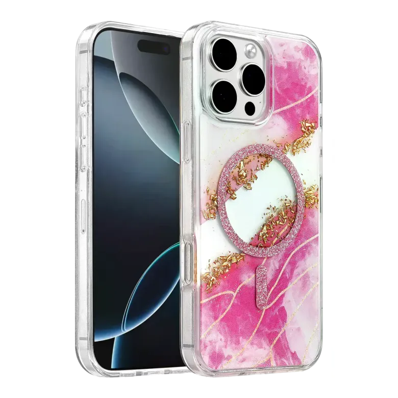 Onegif İphone 16 Pro Max Lotus Simli Magsafe Kapak - Pembe