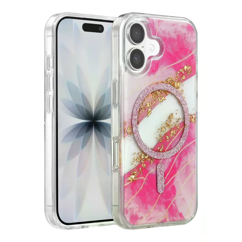 Onegif İphone 17 Lotus Simli Magsafe Kapak - Pembe