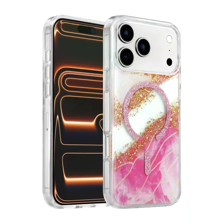 Onegif İphone 17 Pro Lotus Simli Magsafe Kapak - Pembe