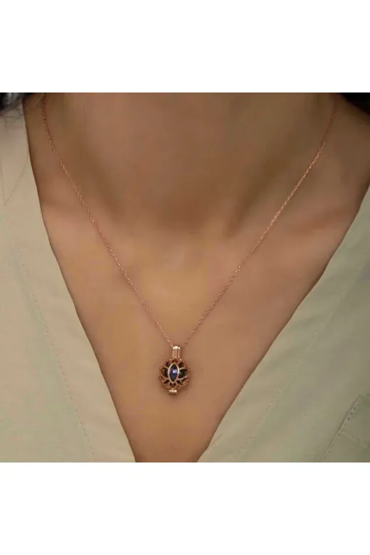 Oniks TYCE6FA14D8D7B1100 Nidam Butik Gümüş Rose Kafesli Lotus Kolye
