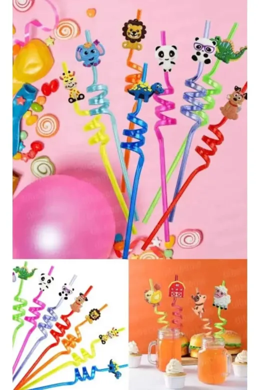 Online Kapında Gereç-00113 Lüks12 Adet Sevimli Emojili Plastik Pipet Kıvrımlı Renkli Emojili Kokteyl Pipet +1 Temizleme Fırçası