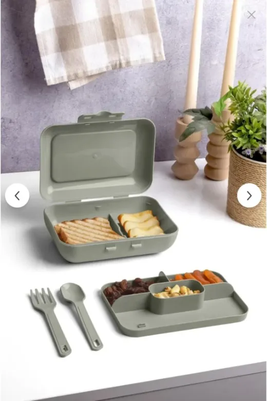 Online Kapında Mutfak-00000402 Lüks Yeşil Lunch Box 2 Katlı 5 Bölmeli Kendinden Çatal Kaşıklı Beslenme Kutusu