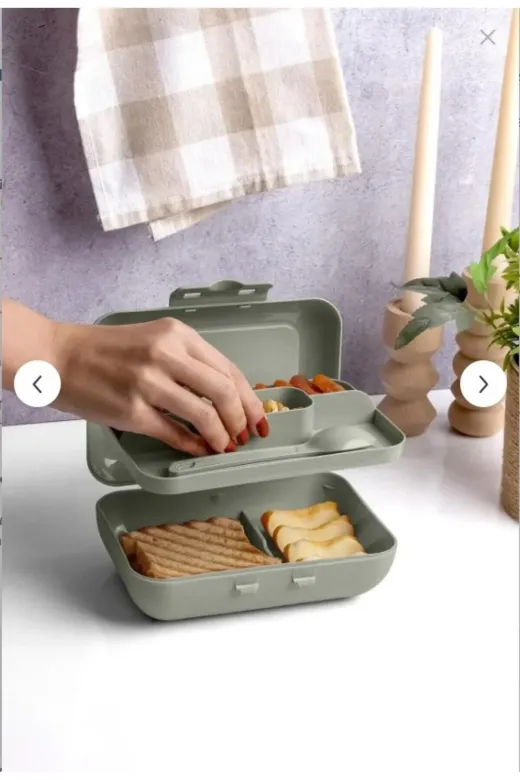 Online Kapında Mutfak-00000402 Lüks Yeşil Lunch Box 2 Katlı 5 Bölmeli Kendinden Çatal Kaşıklı Beslenme Kutusu