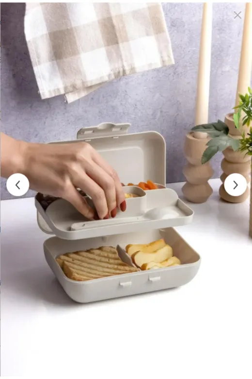 Online Kapında Mutfak-00000403 Lüks Bej Lunch Box 2 Katlı 5 Bölmeli Kendinden Çatal Kaşıklı Beslenme Kutusu