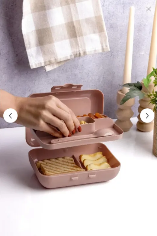 Online Kapında Mutfak-00000405 Lüks Pudra Lunch Box 2 Katlı 5 Bölmeli Kendinden Çatal Kaşıklı Beslenme Kutusu