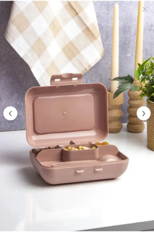 Online Kapında Mutfak-00000405 Lüks Pudra Lunch Box 2 Katlı 5 Bölmeli Kendinden Çatal Kaşıklı Beslenme Kutusu