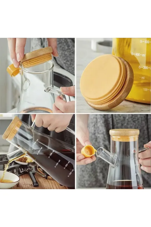 Online Kapında Mutfak-000033 Stile Cucina Bambu Kapaklı Cam Yağlık 900 Ml Borosilikat Cam Yağlık Master Chef Yağlık 2Li
