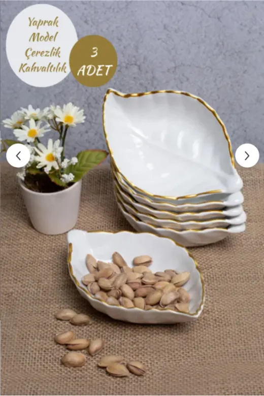 Online Kapında Mutfak-06254 Lüks 3'lü Gold Yaldızlı Beyaz Yaprak Model Çerezlik/ Kahvaltılık