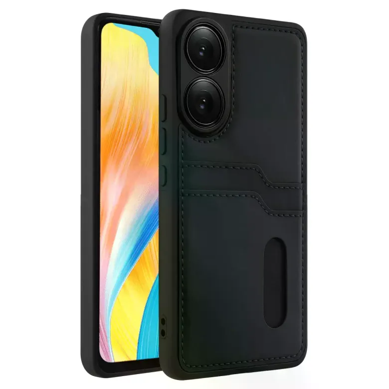 Oppo A38 Sara Kartvizitli Deri Kılıf - Siyah