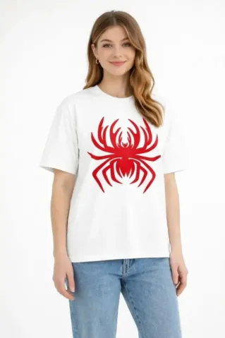 Örümcek Baskılı Tişört Kısa Kollu Bisiklet Yaka T-Shirt - Beyaz - XL - Beyaz