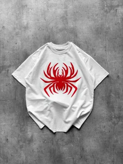 Örümcek Baskılı Tişört Kısa Kollu Bisiklet Yaka T-Shirt - Beyaz - XL - Beyaz