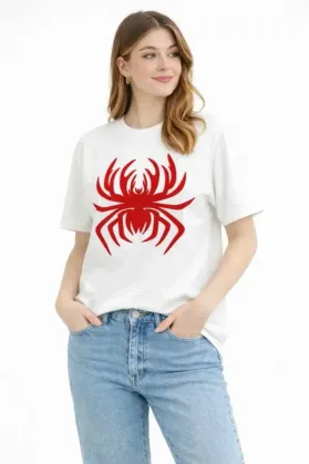 Örümcek Baskılı Tişört Kısa Kollu Bisiklet Yaka T-Shirt - Beyaz - S - Beyaz