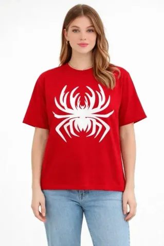 Örümcek Baskılı Tişört Kısa Kollu Bisiklet Yaka T-Shirt - Kırmızı - XL - Kırmızı