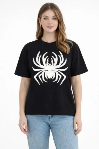 Örümcek Baskılı Tişört Kısa Kollu Bisiklet Yaka T-Shirt - Siyah - 2XL - Siyah