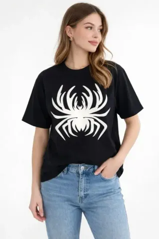 Örümcek Baskılı Tişört Kısa Kollu Bisiklet Yaka T-Shirt - Siyah - S - Siyah