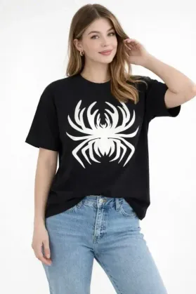 Örümcek Baskılı Tişört Kısa Kollu Bisiklet Yaka T-Shirt - Siyah - L - Siyah