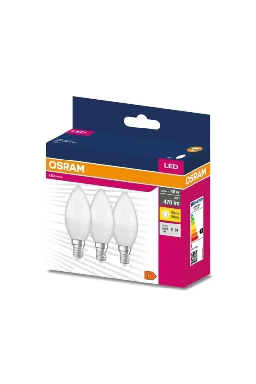 Osram OLV5W470E14MS3 3'lü Paket 4.9W 2700 Kelvin Sarı Işık E14 Duylu Value Classic Mum Led Ampul