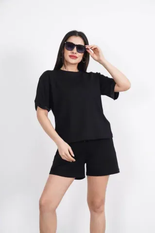 Osy Modal Yumuşak Dokulu Kumaş Bisiklet Yaka T-shirt Kısa Şort İkili Takım - Siyah - S - Siyah