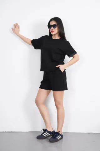 Osy Modal Yumuşak Dokulu Kumaş Bisiklet Yaka T-shirt Kısa Şort İkili Takım - Siyah - L - Siyah