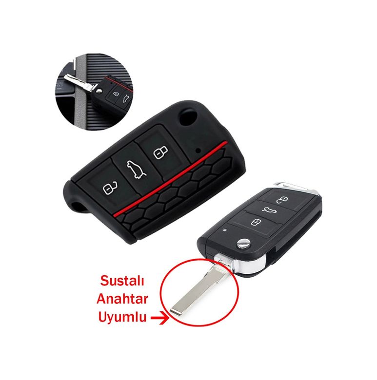 OTOHOUSSE 123752884 Skoda Octavia A7 Kodiaq Fabia Anahtar Uyumlu Silikon Oto Anahtar Kumanda Kabı Siyah Kırmızı