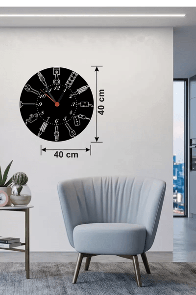 Otomobil Parçaları Tasarım Ahşap Duvar Saati - 40x40 cm Mekanik Saat