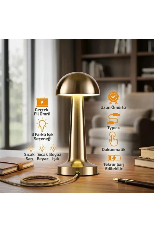 Oval - Metal Mantar Masa Lambası Dokunmatik - Renkli Type-c Şarjlı 3 Fonksiyonlu YL86-1231