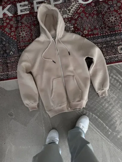Oversize Tam Fermuarlı Uzun Kol Hırka - Bej - XL - Bej
