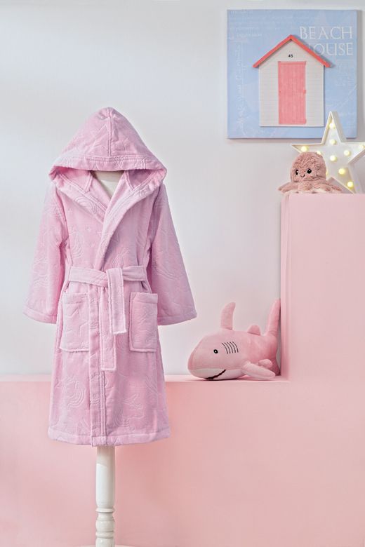 Özdilek 5/6 Yaş Kız Çocuk Kapüşonlu Kadife Pamuk Bornoz-Unicorn Pembe