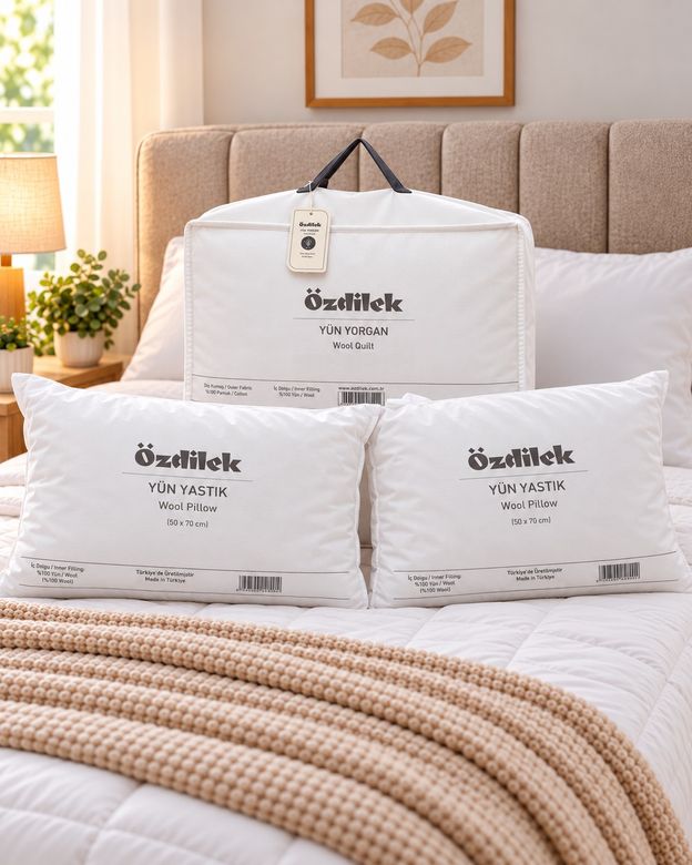 Özdilek (Çift Kişilik Set) Doğal 1 Adet Yün Yorgan + 2 Adet Yün Yastık