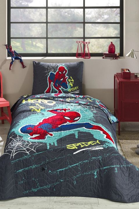 Özdilek Lisanslı Kapitoneli %100 Pamuk Tek Kişilik Çocuk Yatak Örtüsü (160x230)-Spiderman Street Gri