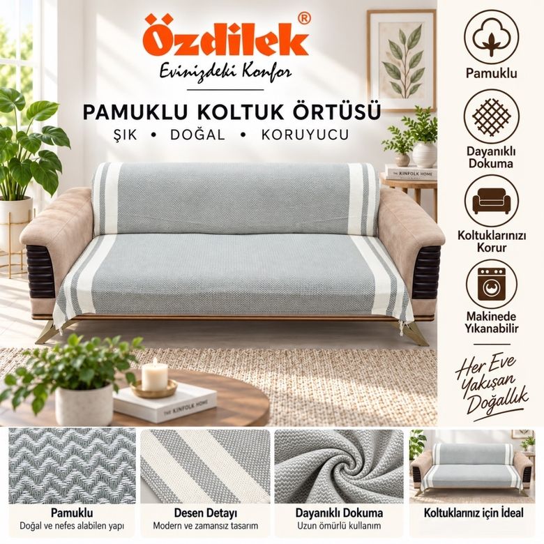 Özdilek Pamuklu Kaymaz Zigzag Koltuk Örtüsü (170x210) - Haki Yeşili