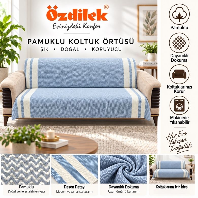 Özdilek Pamuklu Kaymaz Zigzag Koltuk Örtüsü (170x210) - İndigo