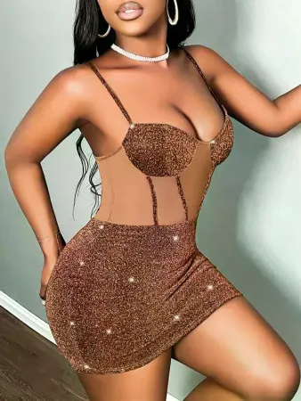 Özel Tasarım Kahverengi Parlak Işıltılı Göğüs Dekolteli Mini Club Elbisesi