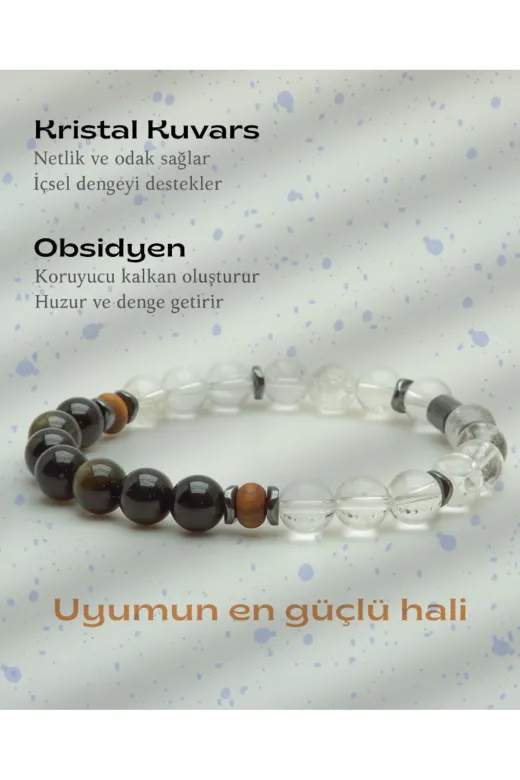 Özer KUV-LAS-002 Doğaltaş İlişkide Denge Ve Uyum(Erkek) - Kristal Kuvars - Obsidyen 8Mm
