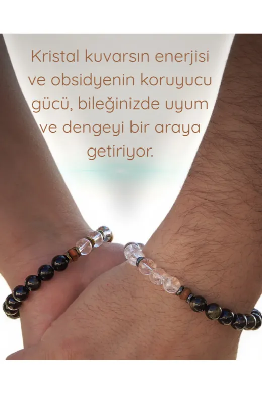 Özer KUV-LAS-002 Doğaltaş İlişkide Denge Ve Uyum(Erkek) - Kristal Kuvars - Obsidyen 8Mm