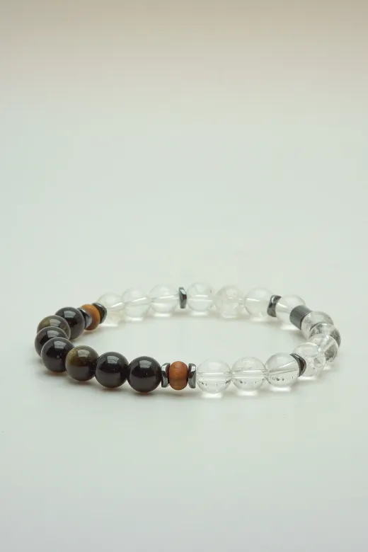 Özer KUV-LAS-002 Doğaltaş İlişkide Denge Ve Uyum(Erkek) - Kristal Kuvars - Obsidyen 8Mm