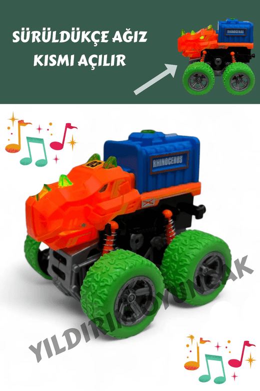 P5WzpTwBjM Vardem Sürtmeli Sesli Işıklı Ağız Kısmı Açılabilen 11 Cm Dinazor Jeep Araba 4X4