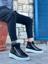 Pabucmarketi Bağcıklı Çift Fermuarlı Erkek Spor Bot SİYAH (BEYAZ TABAN)