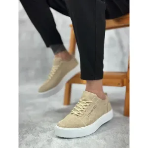 Pabucmarketi Bağcıklı Erkek Spor Ayakkabı KREM SÜET (BEYAZ TABAN)