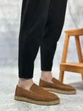 Pabucmarketi Bağcıksız Doğal Deri Tozu Kauçuk El Yapımı Espadril Erkek Ayakkabı TABA