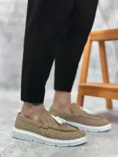 Pabucmarketi Bağcıksız Keten Püsküllü Erkek Ayakkabı HARDAL (BEYAZ TABAN)