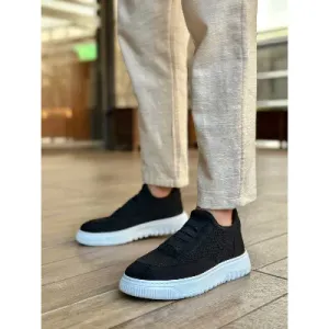 Pabucmarketi Bağcıksız Lastik Detaylı Triko Erkek Hi Sneaker SİYAH (BEYAZ TABAN)