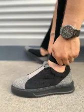 Pabucmarketi Gri Süet Siyah Detaylı Lastikli Erkek Sneaker