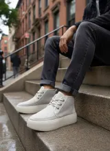 Pabucmarketi Pabucmarketi Bağcıklı İçi Kürklü Erkek Sneaker Bot KREM SÜET (BEYAZ TABAN)
